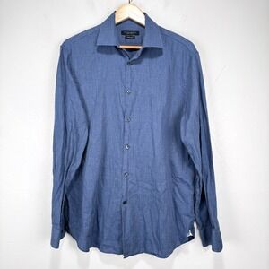 John Varvatos Signature Tailored Dress‎ Shirt Men 16 34/35 Blue 100% Cotton Logo
